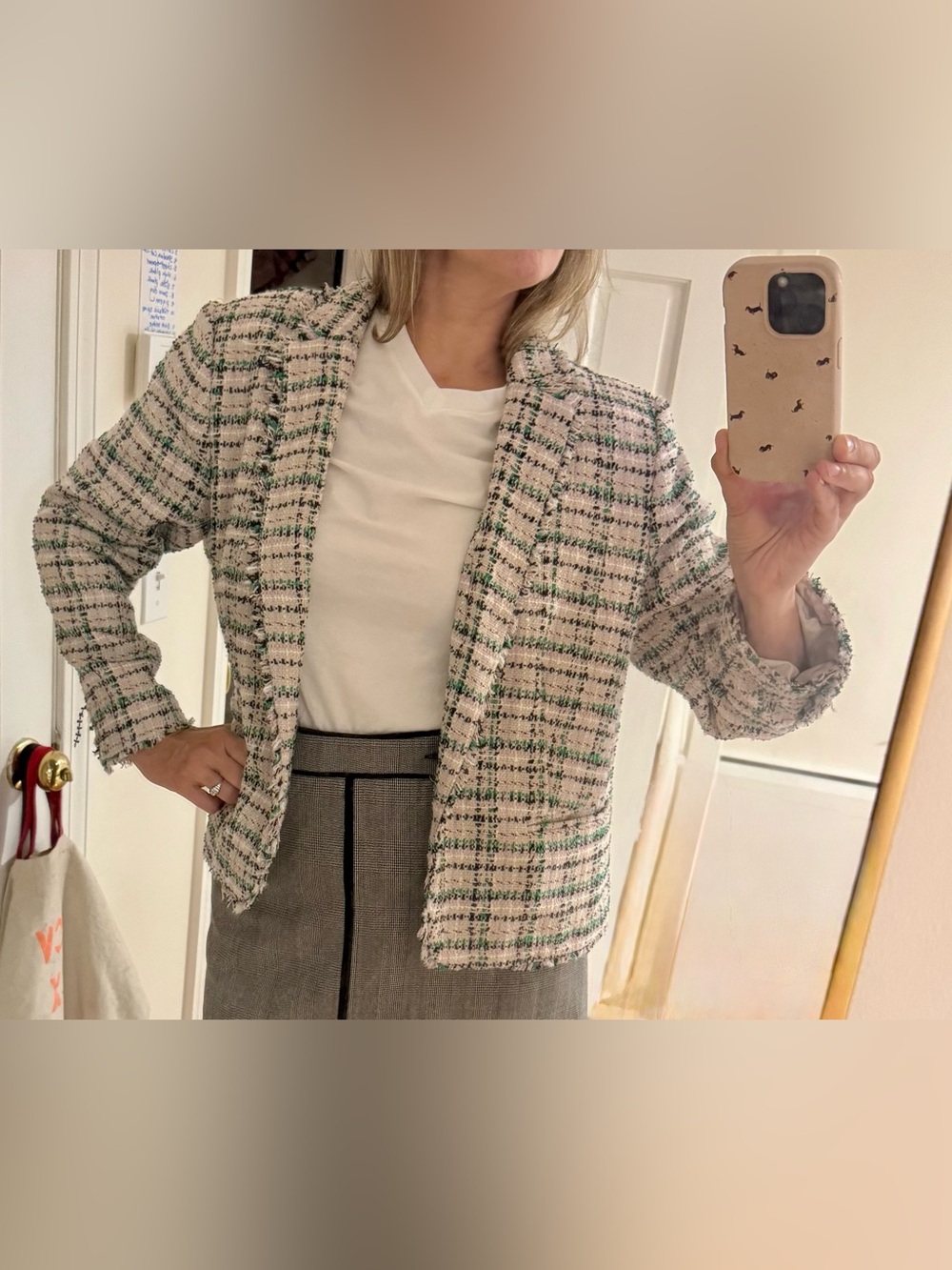 Ann Taylor Textured Tweed Open-Front Jacket Blazer in Cream and Green with Purpl